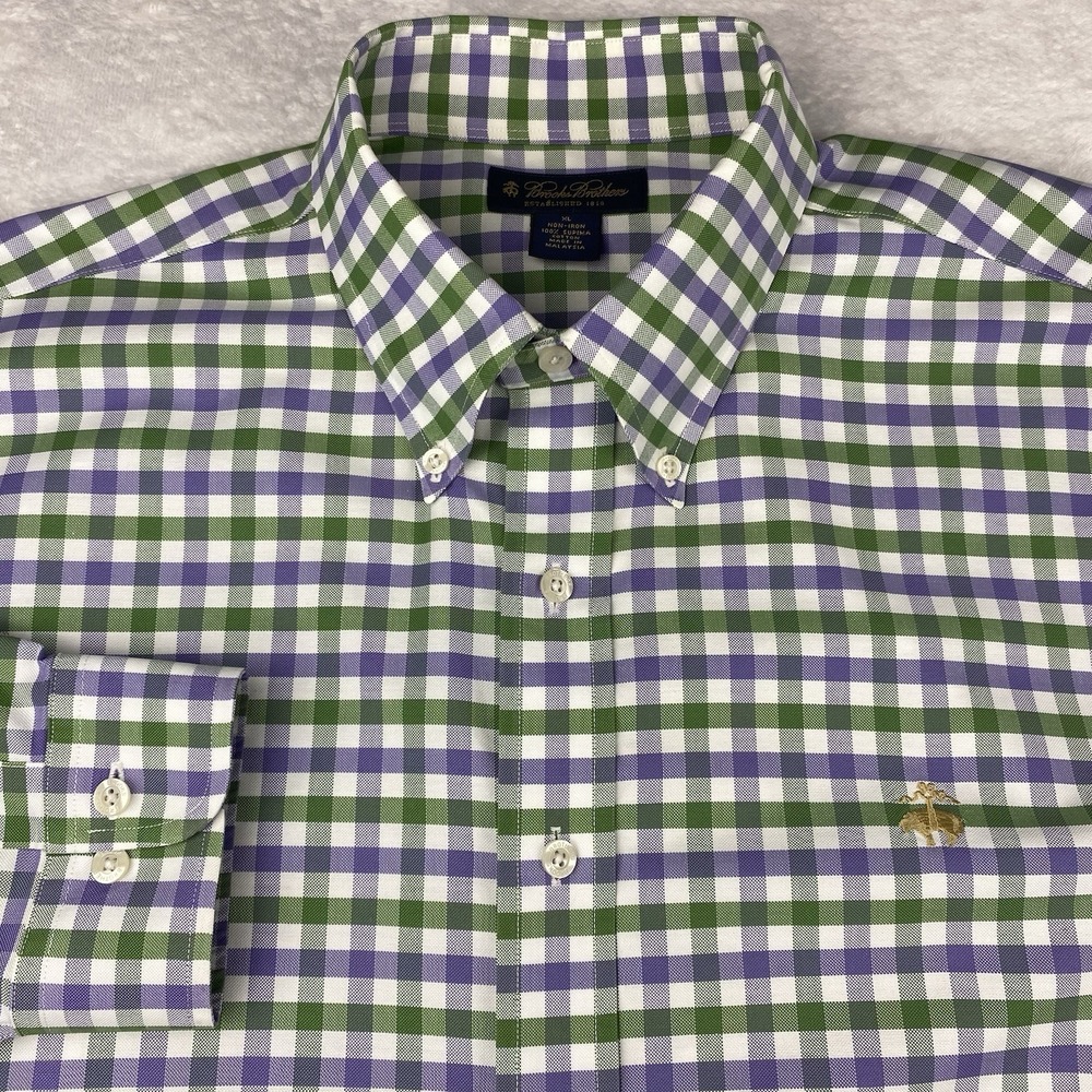 Brooks Brothers Shirt Mens XL Purple/Green/White Checks Regular Fit Non-Iron
